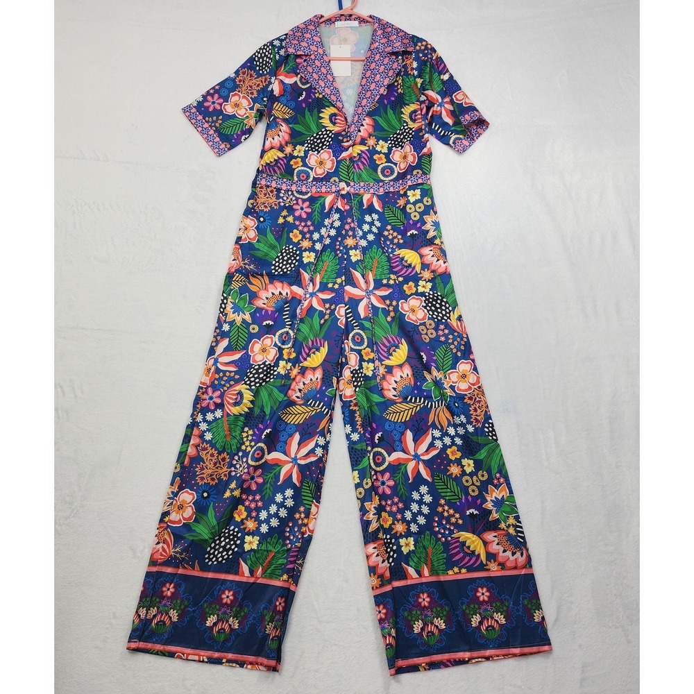 NEW Endless Moon‎ Jumpsuit Womens L Multicolor Floral Satin Wide Leg Tropical